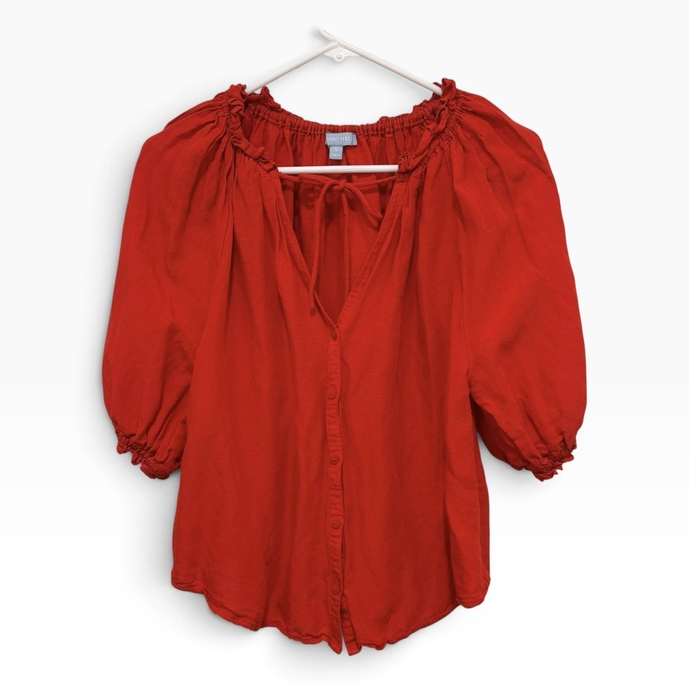 Red Peasant Blouse Neck Ruffle Gathered Sleeves S Linen Blend Coastal Carefree